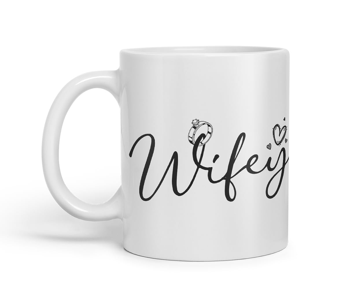 Vixar Wifey Script Wedding Ring Couple Mug – Coloured Ceramic Mug Cup Gift, 11oz (Black)