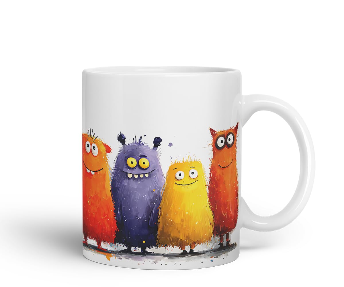 Vixar Funny Colourful Monsters Design – Coloured Ceramic Mug Cup Gift, 11oz (Black)