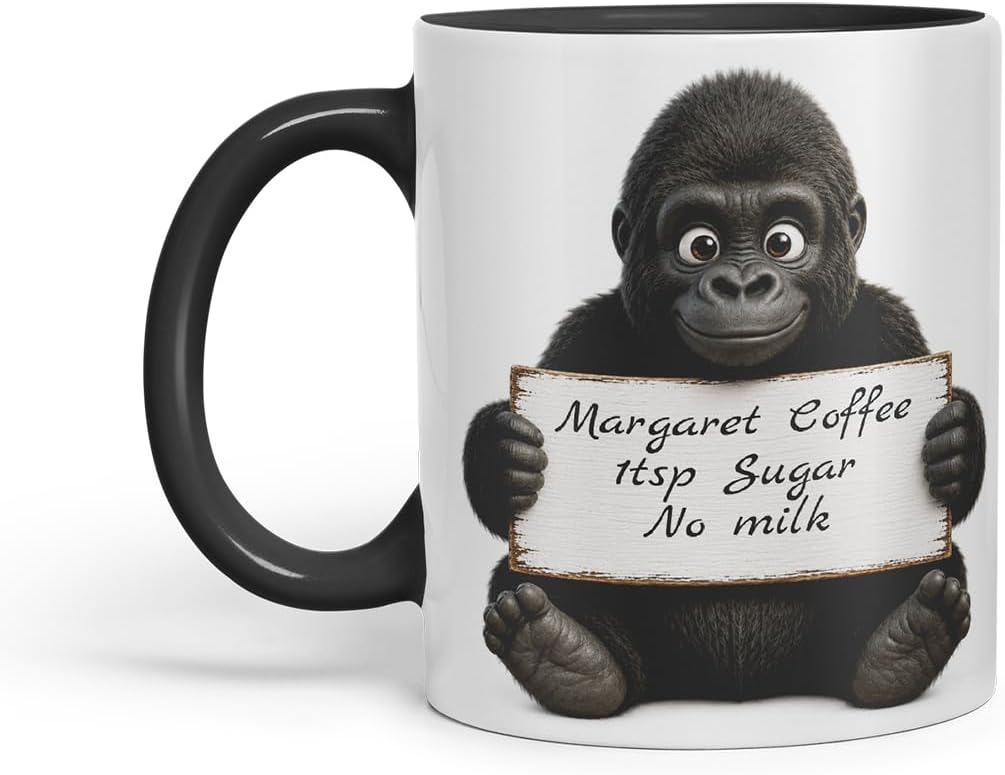 Vixar Personalised Gorilla Mug with Name or Custom Message – Cute Animal Coloured Ceramic Mug Cup Gift, 11oz (Black)