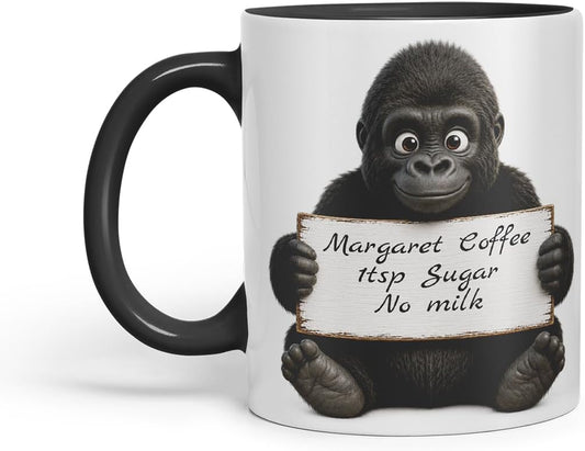 Vixar Personalised Gorilla Mug with Name or Custom Message – Cute Animal Coloured Ceramic Mug Cup Gift, 11oz (Black)