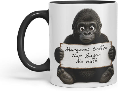 Vixar Personalised Gorilla Mug with Name or Custom Message – Cute Animal Coloured Ceramic Mug Cup Gift, 11oz (Black)