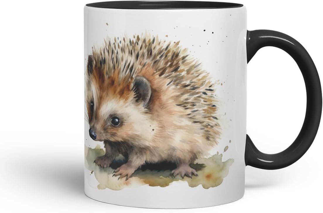 Vixar Watercolour Hedgehog Mug – Coloured Ceramic Mug Cup Gift, 11oz (Black)