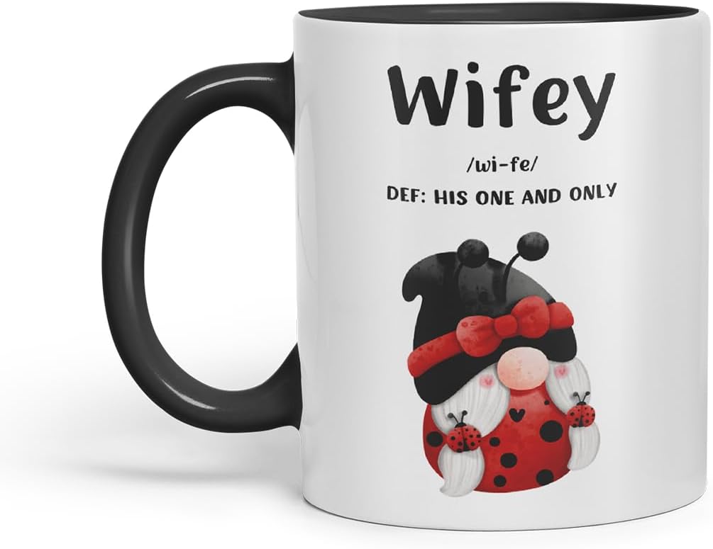 Vixar Wifey Definition Gnome Couple Mug – Coloured Ceramic Mug Cup Gift, 11oz (Black)