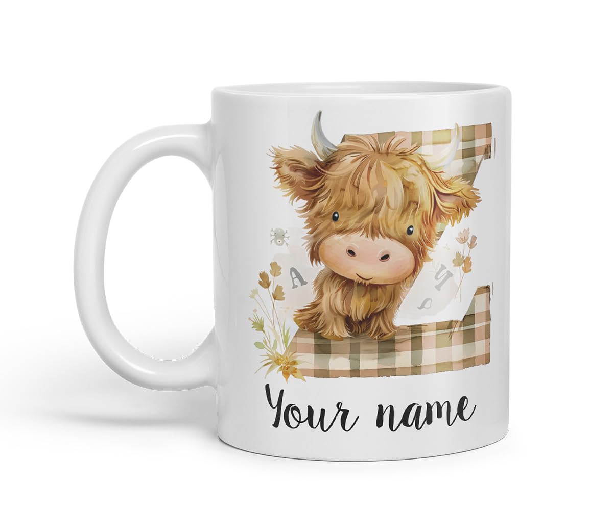 Vixar Personalised Highland Cow Initial Letter Z Custom Name Mug – Coloured Ceramic Mug Cup Gift, 11oz (Black)