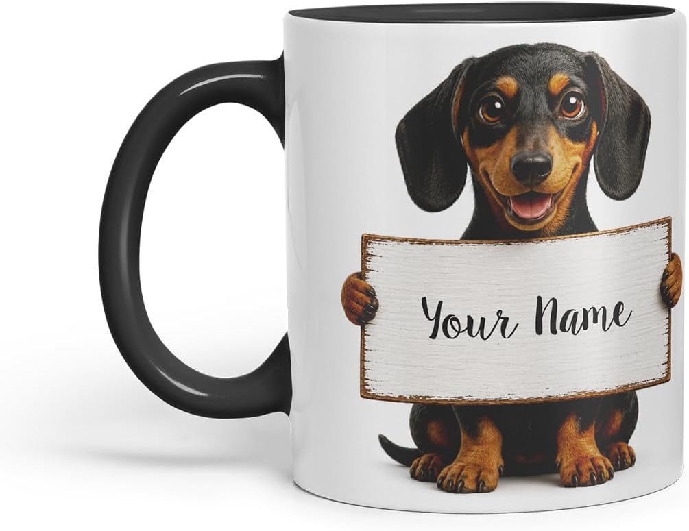 Vixar Personalised Dachshund Dog Pet Mug with Name or Custom Message – Cute Animal Coloured Ceramic Mug Cup Gift, 11oz (Black)