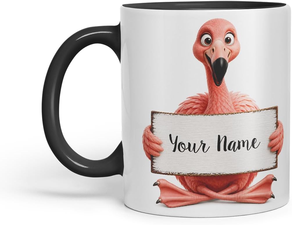 Vixar Personalised Flamingo Mug with Name or Custom Message – Cute Animal Coloured Ceramic Mug Cup Gift, 11oz (Black)