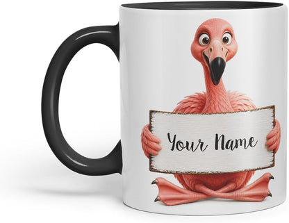 Vixar Personalised Flamingo Mug with Name or Custom Message – Cute Animal Coloured Ceramic Mug Cup Gift, 11oz (Black)