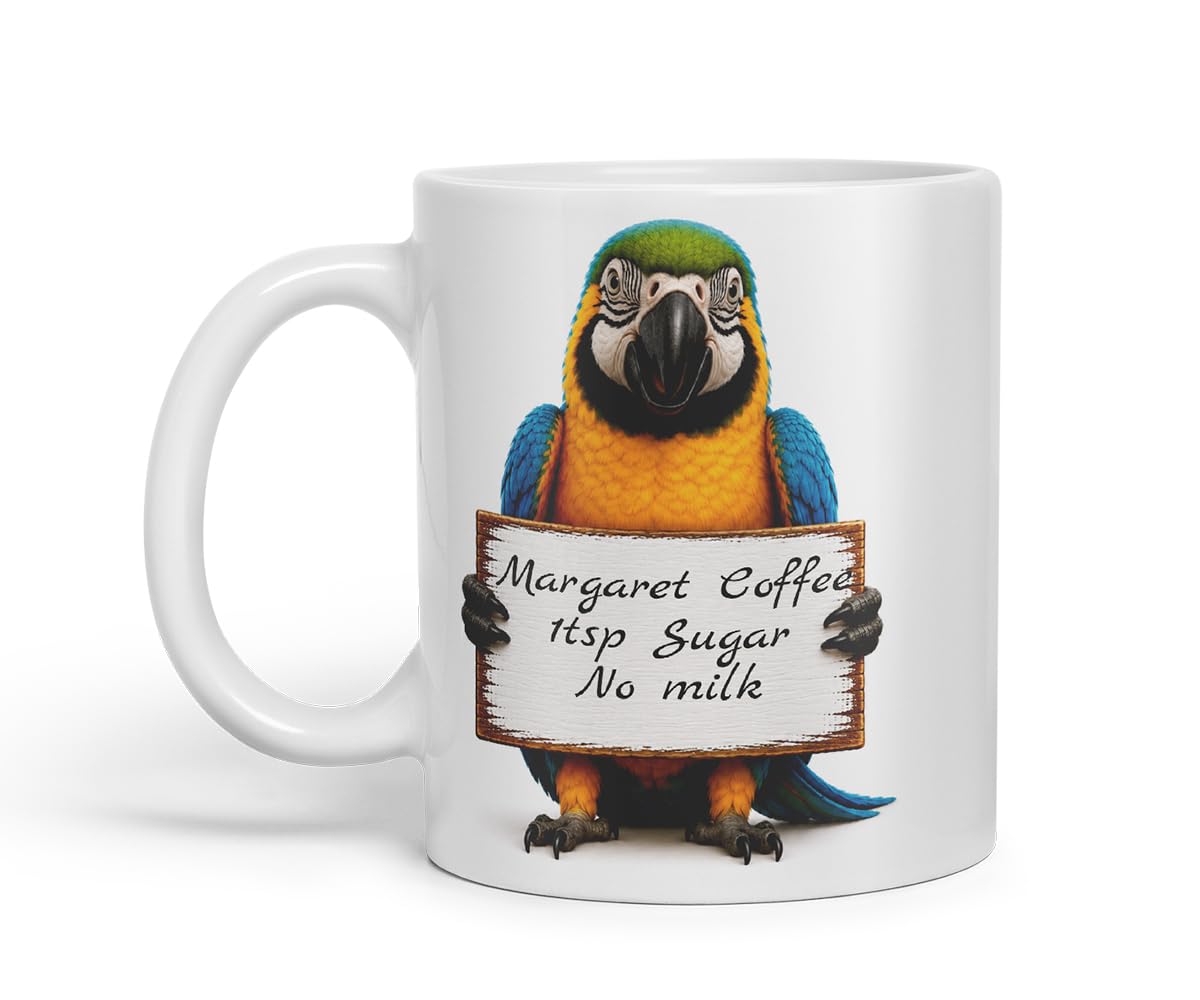 Vixar Personalised Parrot Mug with Name or Custom Message – Cute Animal Coloured Ceramic Mug Cup Gift, 11oz (Black)