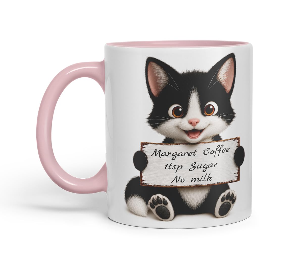 Vixar Personalised Black and White Cat Mug with Name or Custom Message – Cute Animal Coloured Ceramic Mug Cup Gift, 11oz (Black)