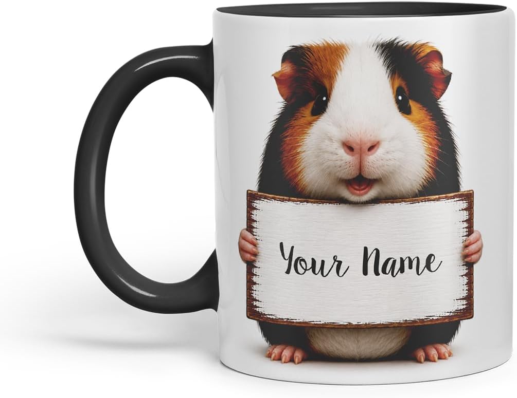 Vixar Personalised Guinea Pig Mug with Name or Custom Message – Cute Animal Coloured Ceramic Mug Cup Gift, 11oz (Black)