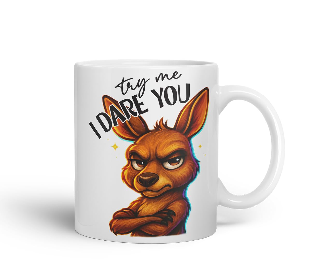 Vixar Try Me I Dare You Sarcastic Kangaroo – Coloured Ceramic Mug Cup Gift, 11oz (Black)