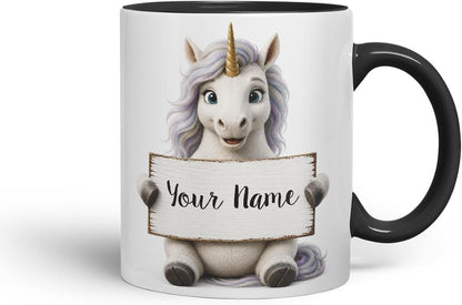 Vixar Personalised Rainbow Unicorn Mug with Name or Custom Message – Cute Animal Coloured Ceramic Mug Cup Gift, 11oz (Black)