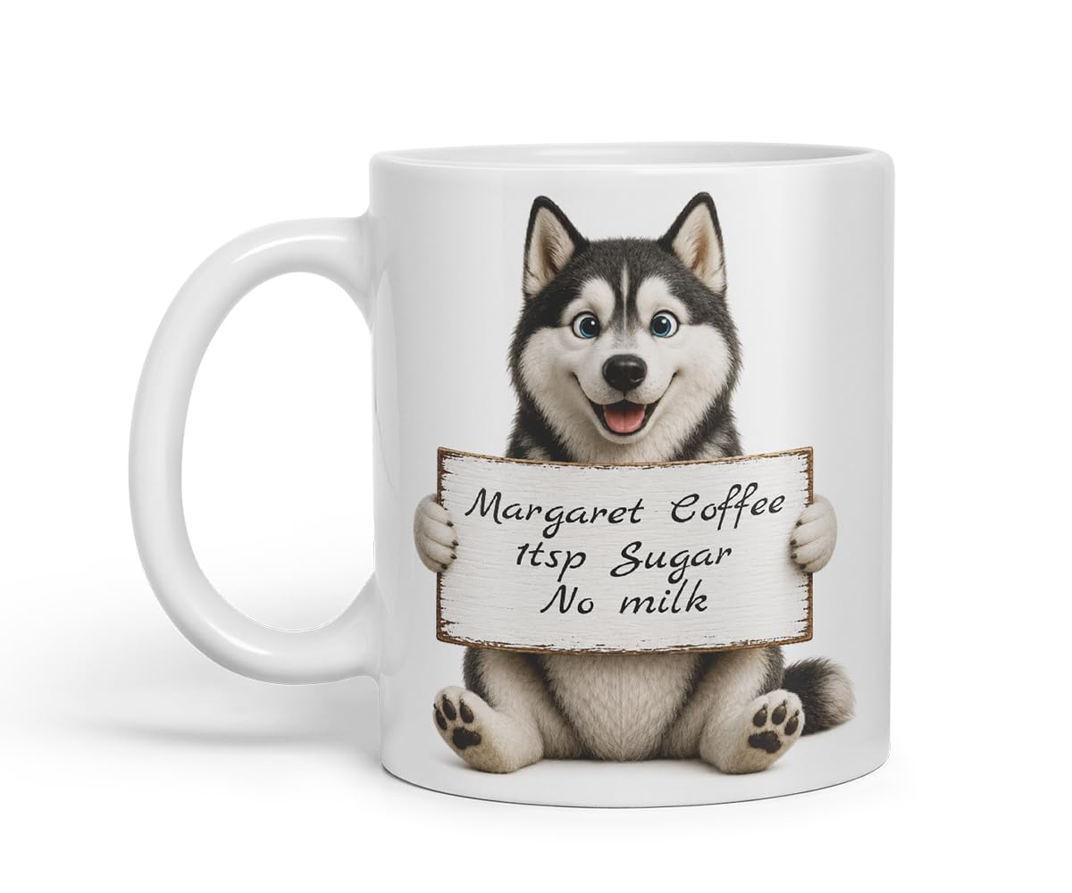 Vixar Personalised Husky Mug with Name or Custom Message – Cute Animal Coloured Ceramic Mug Cup Gift, 11oz (Black)