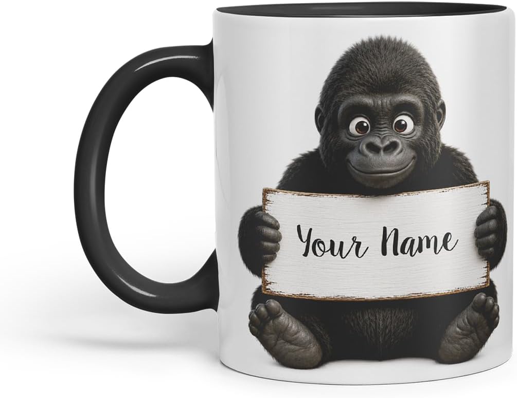 Vixar Personalised Gorilla Mug with Name or Custom Message – Cute Animal Coloured Ceramic Mug Cup Gift, 11oz (Black)