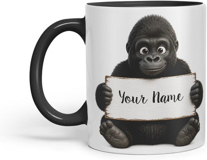 Vixar Personalised Gorilla Mug with Name or Custom Message – Cute Animal Coloured Ceramic Mug Cup Gift, 11oz (Black)