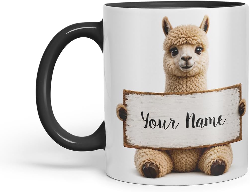 Vixar Personalised Alpaca Mug with Name or Custom Message – Cute Animal Coloured Ceramic Mug Cup Gift, 11oz (Black)