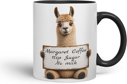 Vixar Personalised Llama Mug with Name or Custom Message – Cute Animal Coloured Ceramic Mug Cup Gift, 11oz (Black)