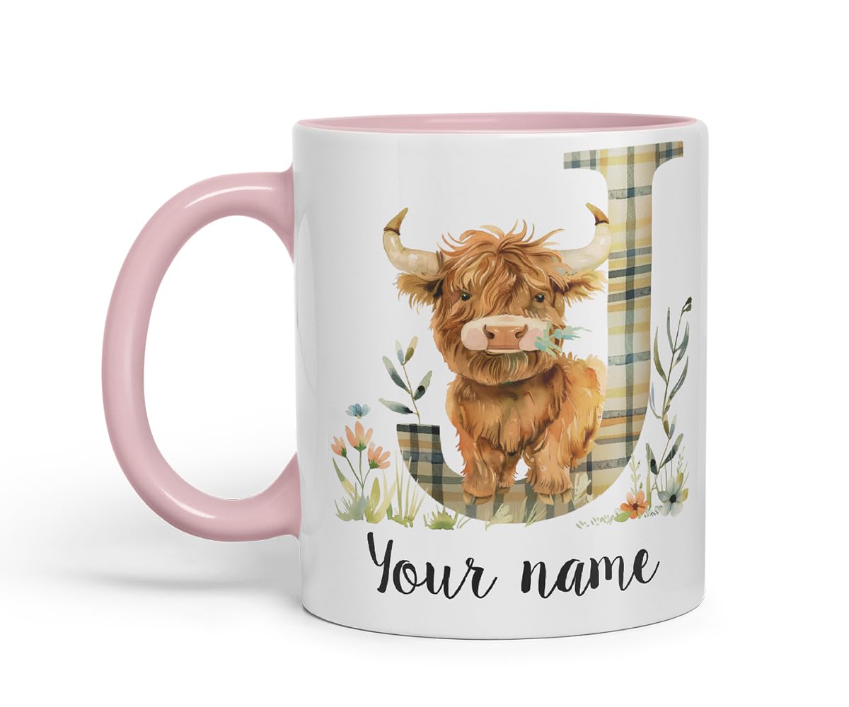 Vixar Personalised Highland Cow Initial Letter J Custom Name Mug – Coloured Ceramic Mug Cup Gift, 11oz (Black)