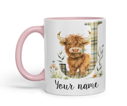 Vixar Personalised Highland Cow Initial Letter J Custom Name Mug – Coloured Ceramic Mug Cup Gift, 11oz (Black)