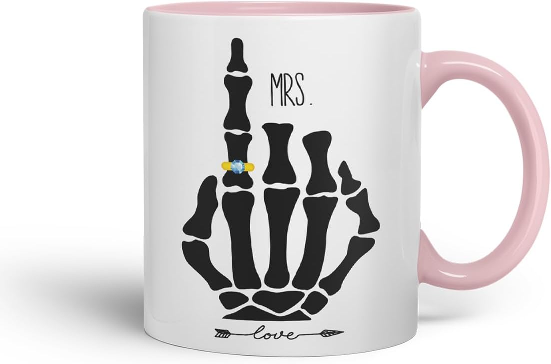 Vixar Mr and Mrs Skeleton Hand Wedding Ring Couple Mugs – Coloured Ceramic Mugs Cups Gift, 11oz, Set of 2