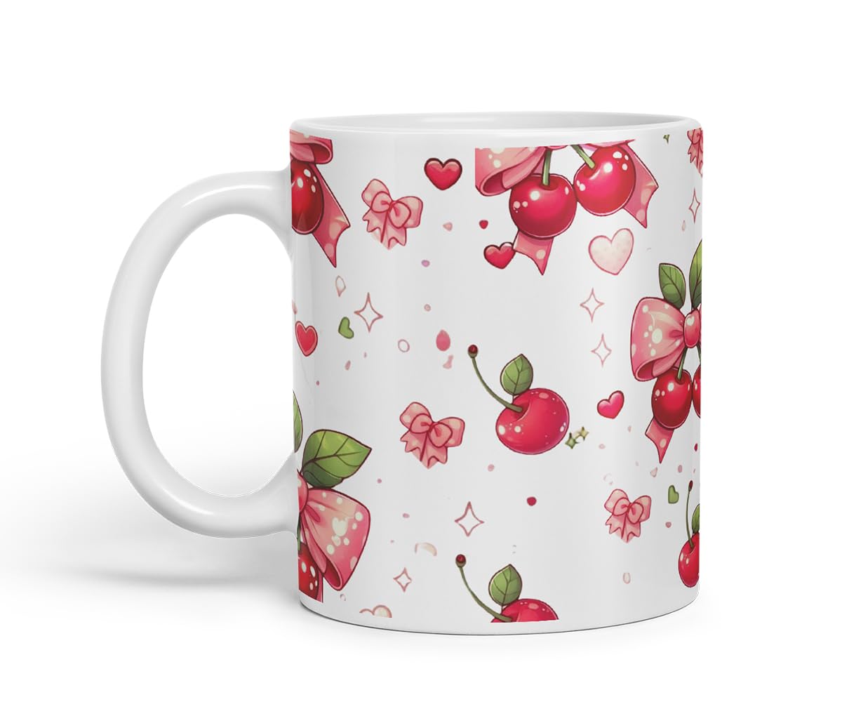 Vixar Cherry Bow Pattern Mug – Coloured Ceramic Mug Cup Gift, 11oz (Black)