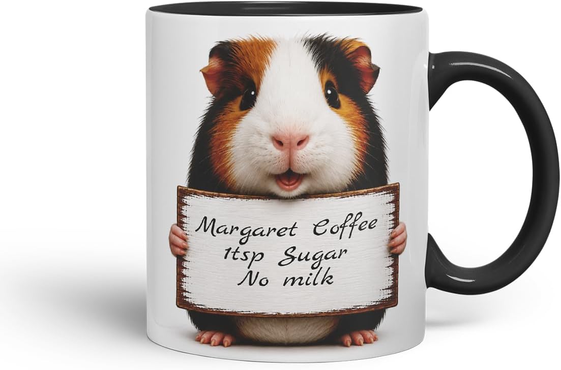 Vixar Personalised Guinea Pig Mug with Name or Custom Message – Cute Animal Coloured Ceramic Mug Cup Gift, 11oz (Black)