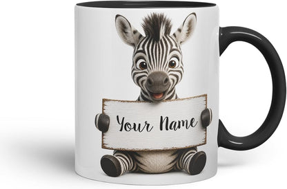 Vixar Personalised Zebra Mug with Name or Custom Message – Cute Animal Coloured Ceramic Mug Cup Gift, 11oz (Black)
