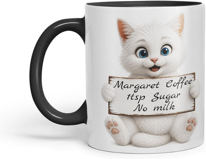 Vixar Personalised White Cat Mug with Name or Custom Message – Cute Animal Coloured Ceramic Mug Cup Gift, 11oz (Black)