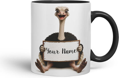 Vixar Personalised Ostrich Mug with Name or Custom Message – Cute Animal Coloured Ceramic Mug Cup Gift, 11oz (Black)