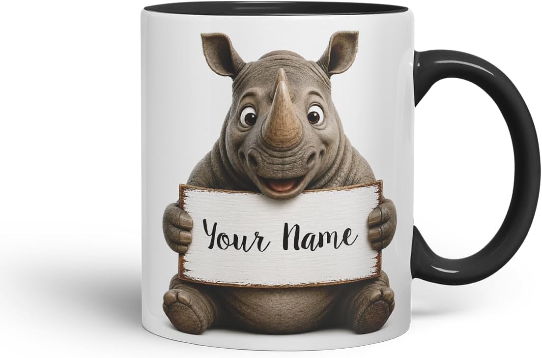 Vixar Personalised Rhino Mug with Name or Custom Message – Cute Animal Coloured Ceramic Mug Cup Gift, 11oz (Black)