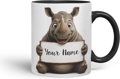 Vixar Personalised Rhino Mug with Name or Custom Message – Cute Animal Coloured Ceramic Mug Cup Gift, 11oz (Black)