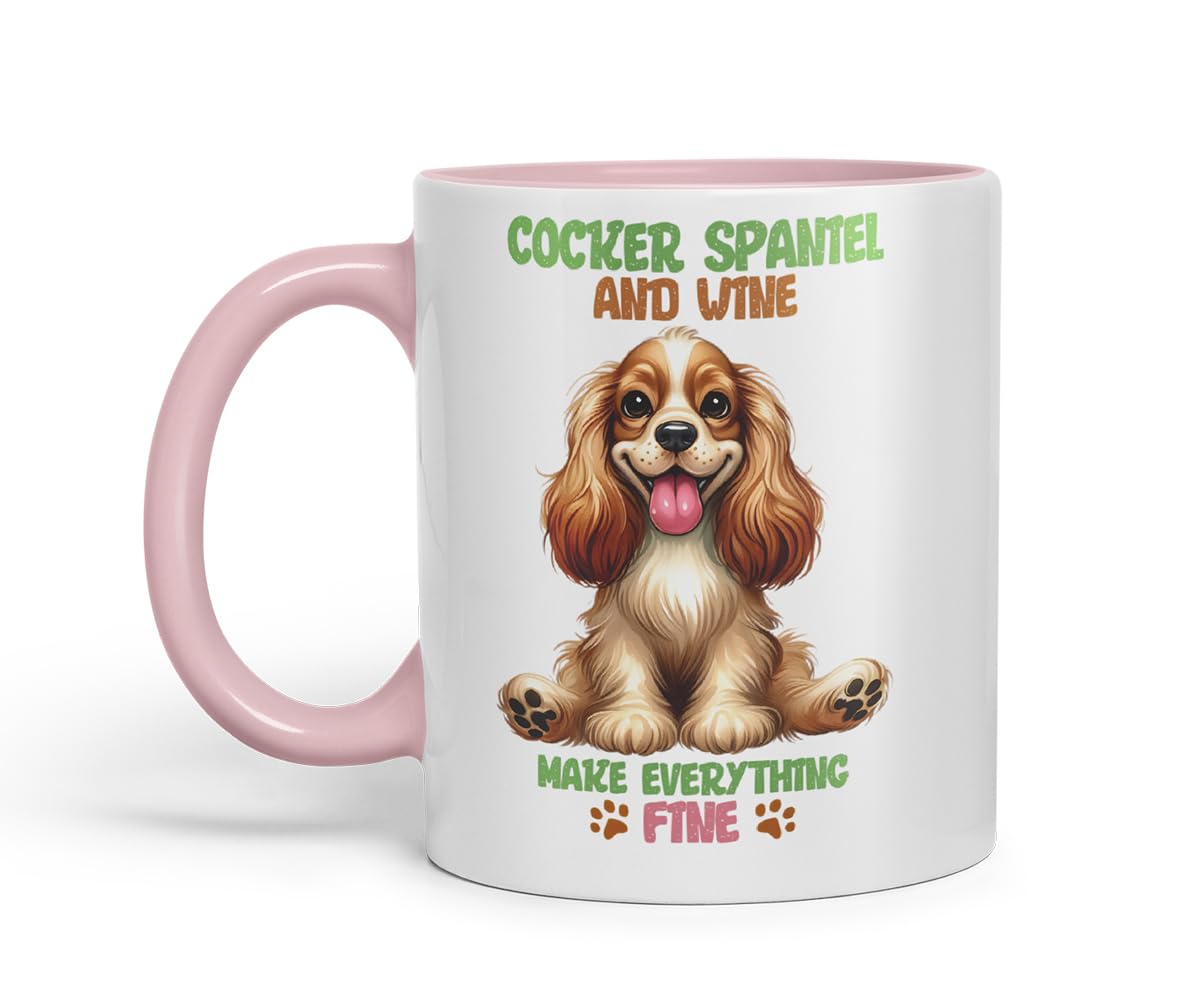 Vixar Cocker Spaniel and Wine Make Everything Fine Dog Mug – Coloured Ceramic Mug Cup Gift, 11oz (Black)
