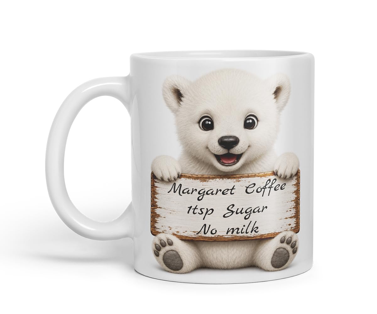 Vixar Personalised Polar Bear Mug with Name or Custom Message – Cute Animal Coloured Ceramic Mug Cup Gift, 11oz (Black)