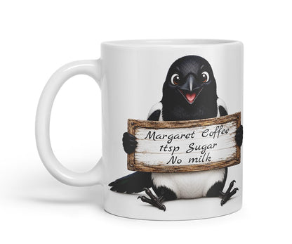 Vixar Personalised Magpie Mug with Name or Custom Message – Cute Animal Coloured Ceramic Mug Cup Gift, 11oz (Black)