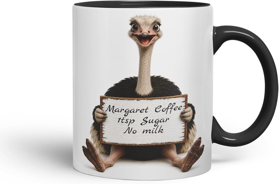 Vixar Personalised Ostrich Mug with Name or Custom Message – Cute Animal Coloured Ceramic Mug Cup Gift, 11oz (Black)