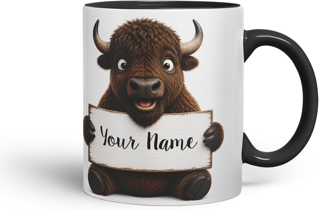 Vixar Personalised Bison Mug with Name or Custom Message – Cute Animal Coloured Ceramic Mug Cup Gift, 11oz (Black)