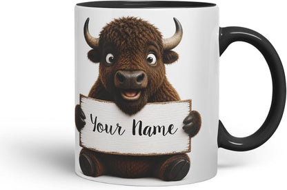 Vixar Personalised Bison Mug with Name or Custom Message – Cute Animal Coloured Ceramic Mug Cup Gift, 11oz (Black)