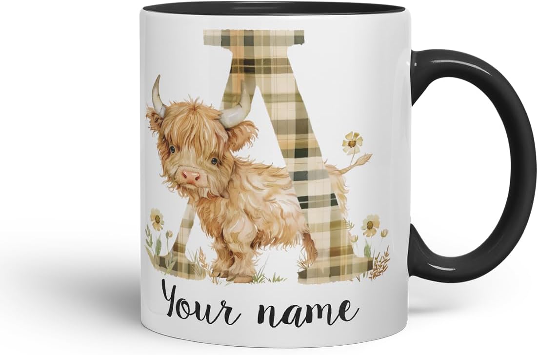 Vixar Personalised Highland Cow Initial Letter A Custom Name Mug – Coloured Ceramic Mug Cup Gift, 11oz (Black)