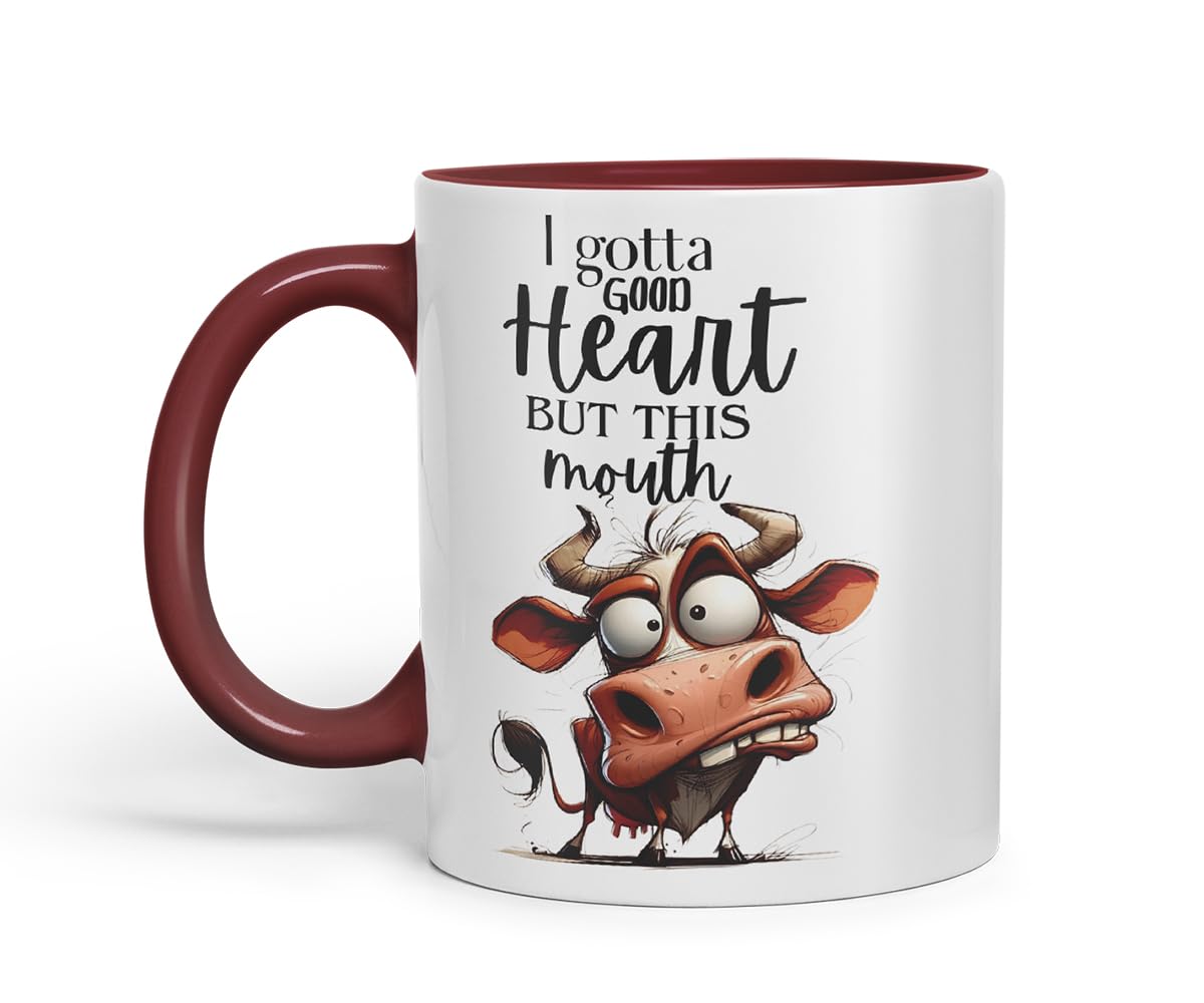 Vixar I Gotta Good Heart But This Mouth Funny Cow – Coloured Ceramic Mug Cup Gift, 11oz (Black)