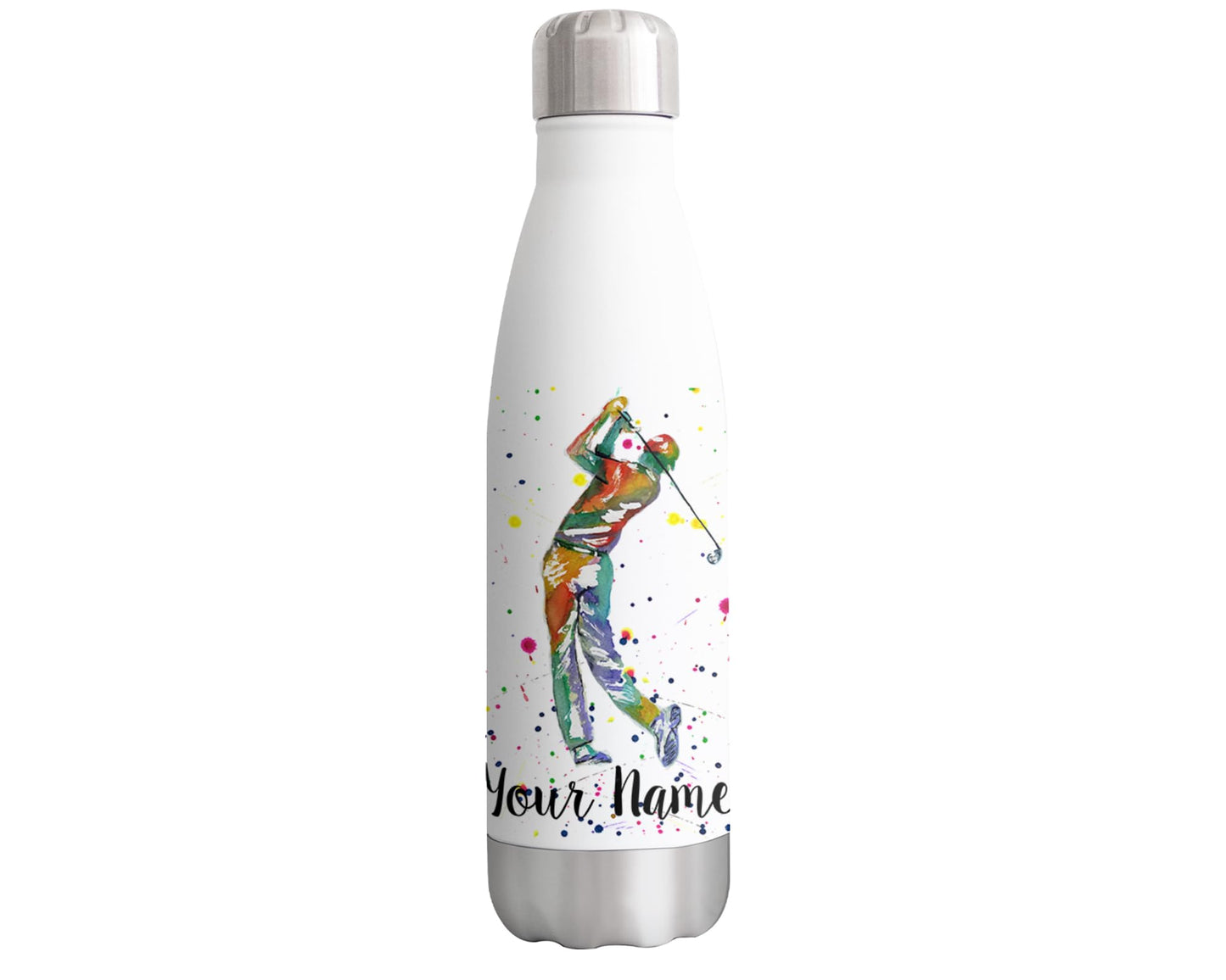 Vixar Golfer Personalised Custom Bottle with your Text/name Golf sport Watercolour Bottle Double Wall Insulated Stainless Steel Sport Drinks 500ml