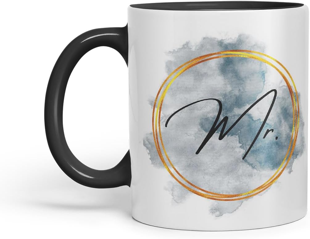 Vixar Mr Watercolour Wedding Couple Mug – Coloured Ceramic Mug Cup Gift, 11oz (Black)