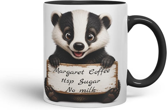 Vixar Personalised Badger Mug with Name or Custom Message – Cute Animal Coloured Ceramic Mug Cup Gift, 11oz (Black)