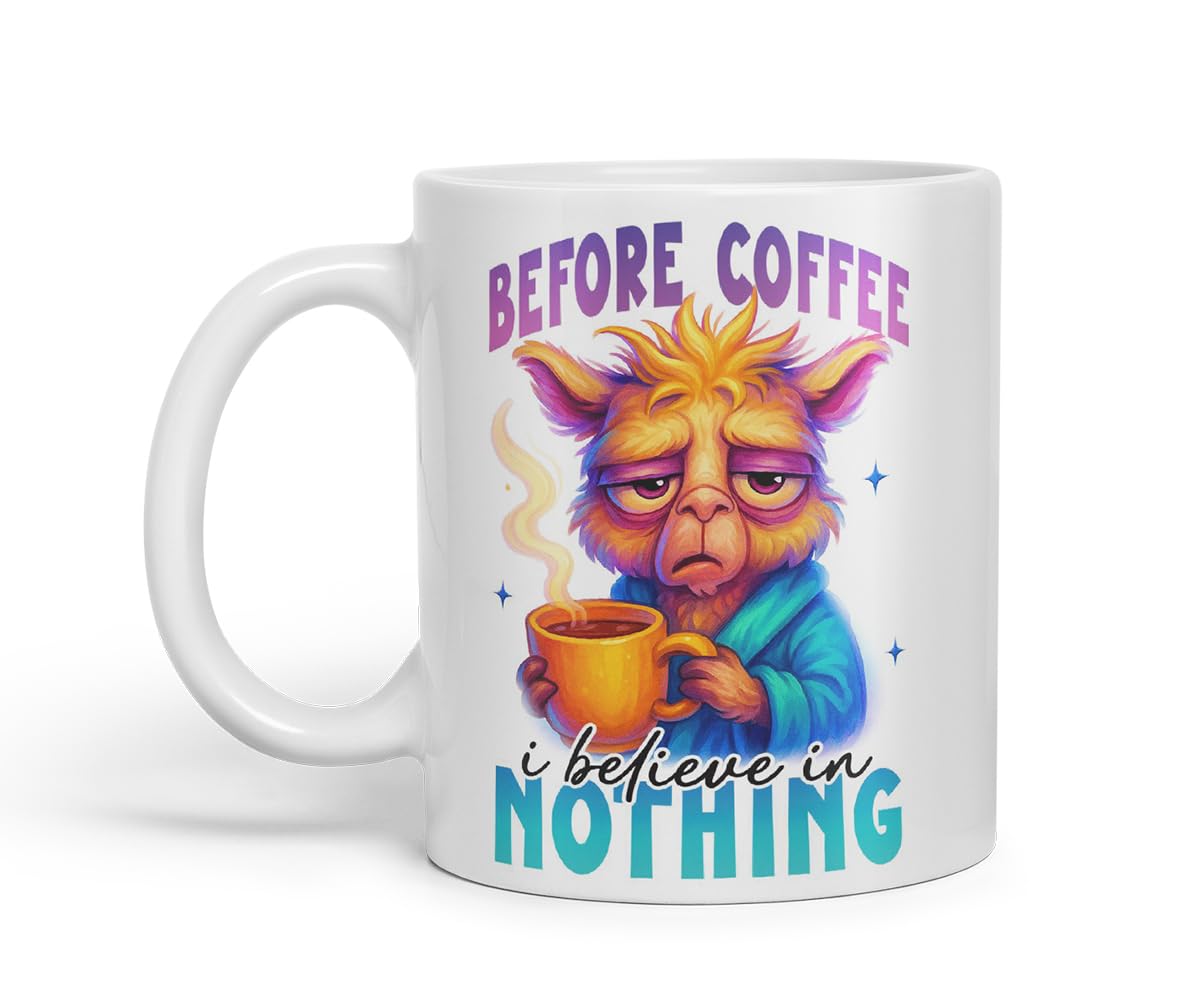 Vixar Before Coffee I Believe in Nothing Funny Llama Mug – Coloured Ceramic Mug Cup Gift, 11oz (Black)