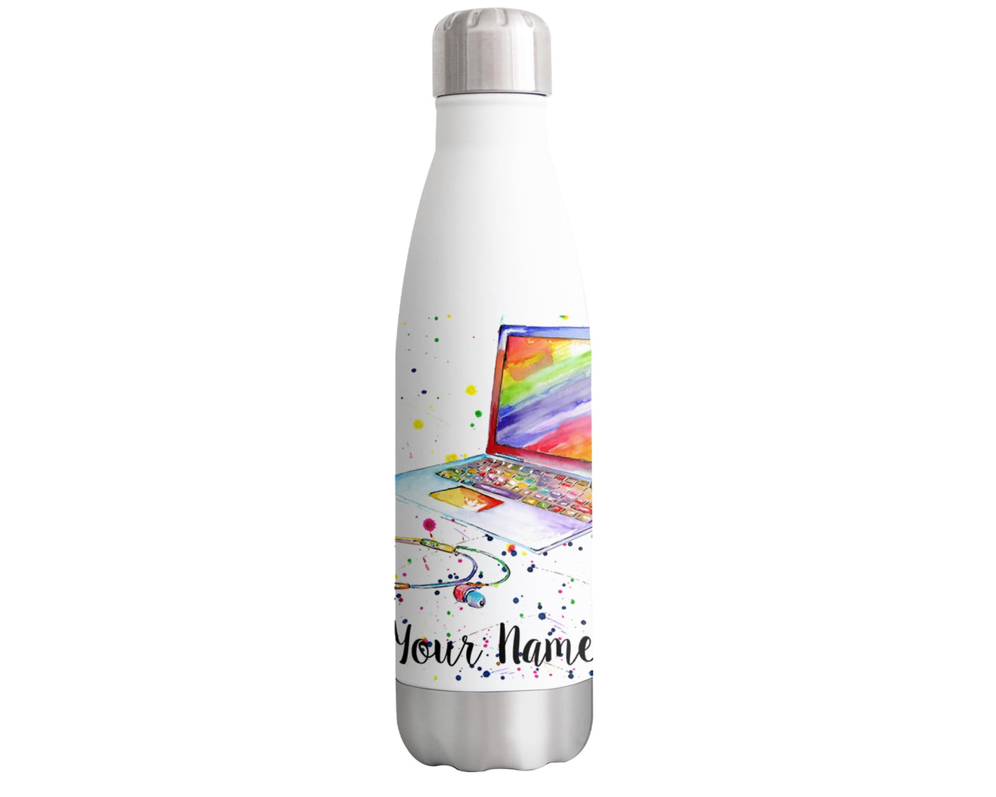 Techie Personalised Custom Bottle with Your Text/Name Watercolour lapton Mobile Smartphone Bottle Double Wall Insulated Stainless Steel Sport Drinks 500ml