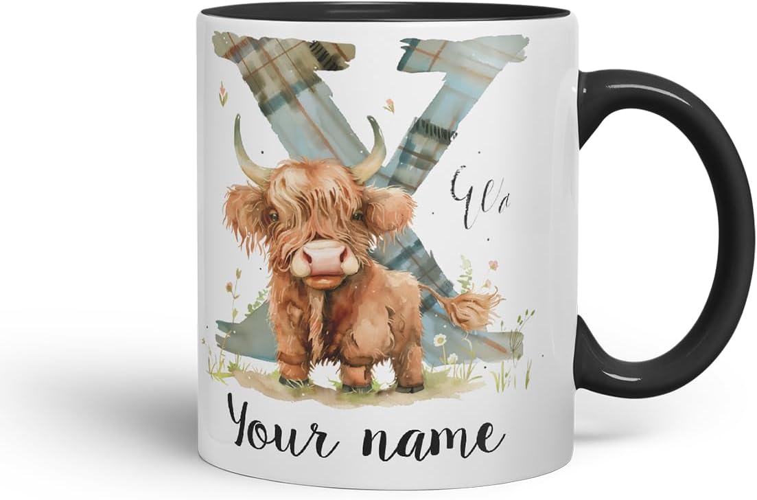 Vixar Personalised Highland Cow Initial Letter X Custom Name Mug – Coloured Ceramic Mug Cup Gift, 11oz (Black)