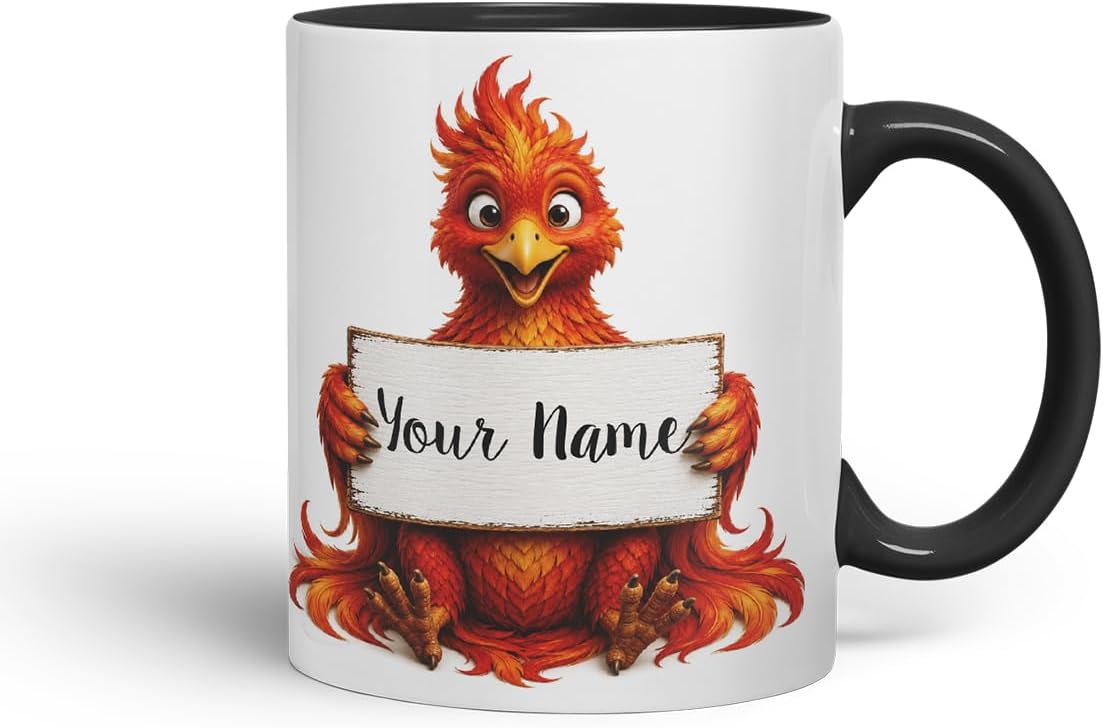 Vixar Personalised Phoenix Mug with Name or Custom Message – Cute Animal Coloured Ceramic Mug Cup Gift, 11oz (Black)