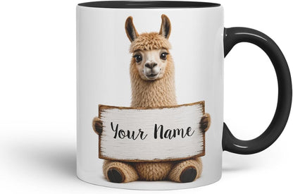 Vixar Personalised Llama Mug with Name or Custom Message – Cute Animal Coloured Ceramic Mug Cup Gift, 11oz (Black)