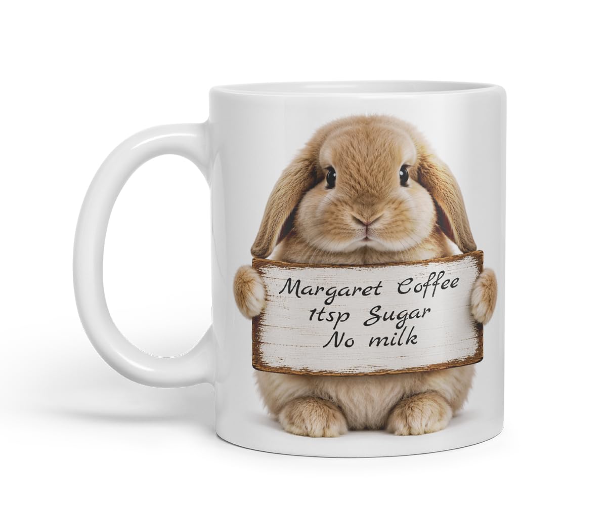 Vixar Personalised Lop Rabbit Mug with Name or Custom Message – Cute Animal Coloured Ceramic Mug Cup Gift, 11oz (Black)