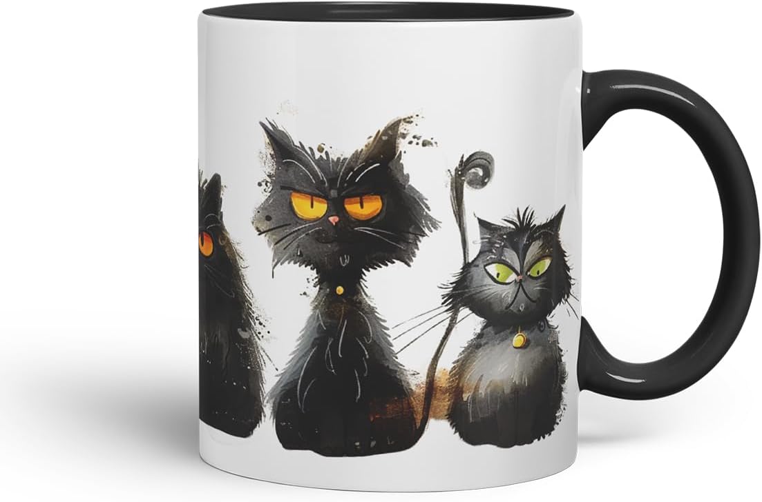 Vixar Black Cats Collection Mug – Coloured Ceramic Mug Cup Gift, 11oz (Black)