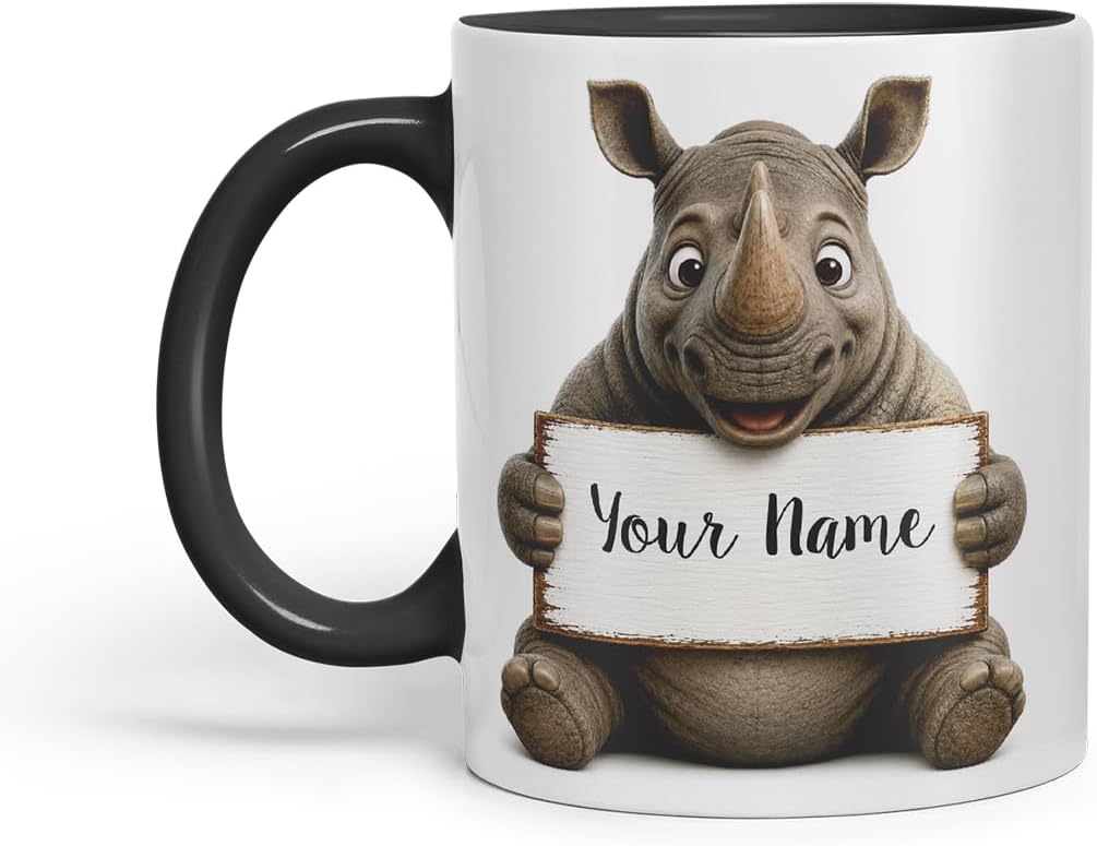 Vixar Personalised Rhino Mug with Name or Custom Message – Cute Animal Coloured Ceramic Mug Cup Gift, 11oz (Black)
